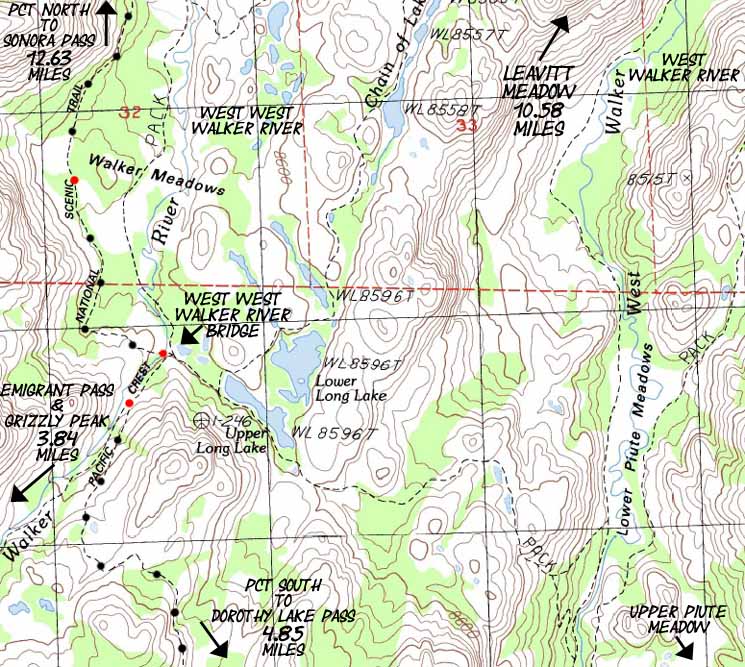 USGS 7.5 topo hiking map of West West Walker River Bridge, Toiyabe National Forest.